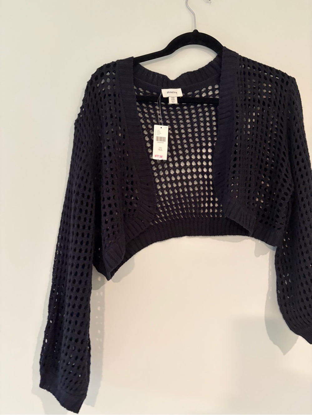 Maeve Navy Cropped Open-Weave Shrug